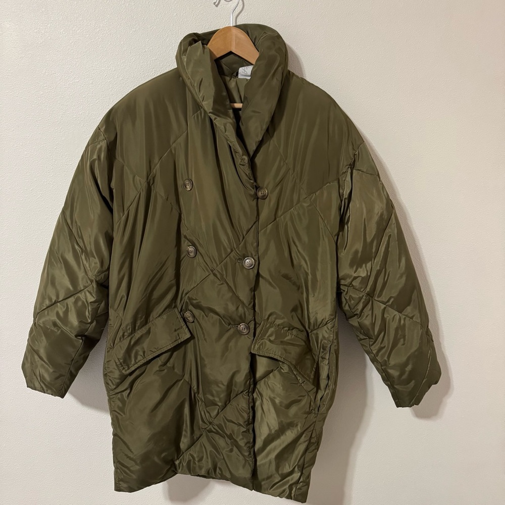 Free People Ella Puffer Puffa Jacket Olive Green Quilted Slouchy Lightweight-M - Picture 2 of 16